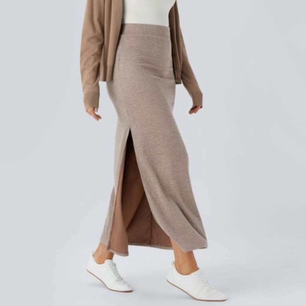 Halara Ribbed High Waisted Hem A Line Maxi Casual Skirt Mocha Meringue Slit-XL
